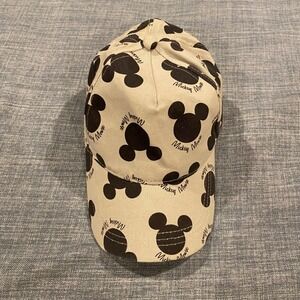 Disney Mickey Mouse Baseball Cap Beige Black All Over Print Adjustable Strap